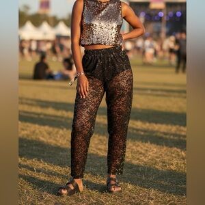 Vtg Women’s Black Floral Lace Pants Sz 2X 90s Grunge Festival Punk Y2K‎ Fairy